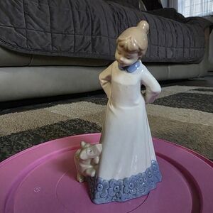 Charming Ceramic Girl and Dog Figurine - Cream and Blue